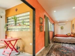 Interior of a small container home with vibrant walls, large windows, and cozy decor.