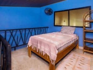 Bedroom with blue walls, wooden bed, pink blanket, and window view.