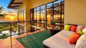 Sunset ocean view from a balcony with glass doors and colorful cushions on a lounge sofa.