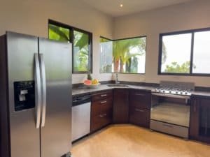 Kitchen with stainless steel appliances and large windows showing tropical scenery.