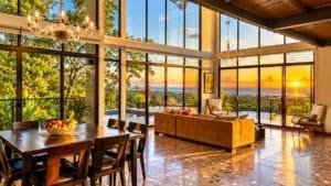 Sunlit Costa Rica living room with large glass walls and sunset view.