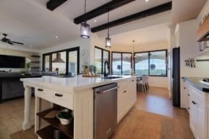 Modern kitchen with ocean and mountain views in Costa Rica.