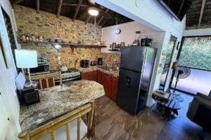Interior view of a natural jungle home kitchen with granite counters and modern appliances.