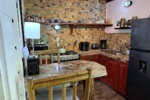 Interior view of a kitchen with stone wall, wooden cabinets, and modern appliances.