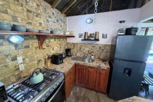 Small kitchen with stone wall, wooden cabinets, and modern appliances in Dominical.