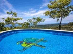 Infinity pool with parrot mosaic overlooking rainforest and ocean in Dominical.