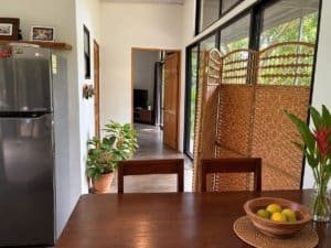 Interior of a tropical home with wooden furniture and lush greenery outside.
