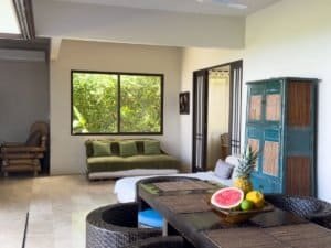 Bright living room with ocean view, tropical decor, and modern furniture.