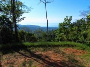 Elevated Costa Rica land with forest, hillside view toward the ocean and distant coastline.