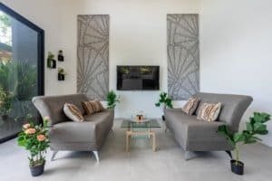 Modern living room with two gray sofas, wall-mounted TV, glass coffee table, and tropical plants in.