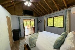 Interior of a natural jungle home with a bedroom, large window, and private pool view.