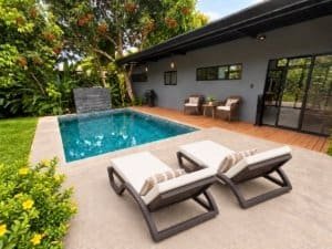 Modern tropical home with private pool and outdoor lounge area in Costa Rica.