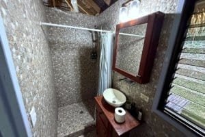 Bathroom with pebble tiles, vessel sink, and window overlooking jungle in Dominical.