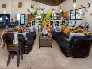 Interior view of a tropical rainforest estate with leather sofas and vibrant decor.