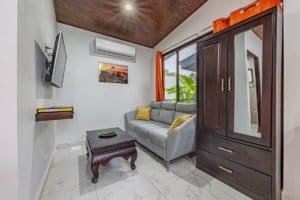 Cozy living room with gray sofa, dark wood cabinet, wall-mounted TV and large window.