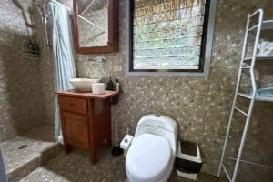 Bathroom of a jungle home with stone walls, wooden vanity, and window view.