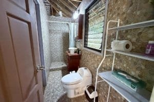 Small bathroom with shower, toilet, and storage shelves in a jungle home.