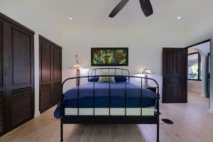 Elegant bedroom with black metal bed, wooden closet doors, and mountain artwork.