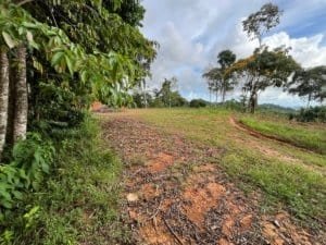 Ridge top Costa Rica land with dirt driveway and distant ocean view.