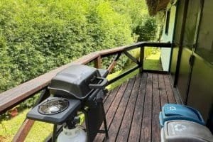 Balcony with grill, recycling bins, and lush green trees in the background.