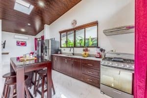 Modern kitchen with dark wood cabinets and stainless steel appliances in Costa Rica villa.