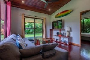 Indoor living room with sofa, TV, surfboard decor, and glass doors to lush garden.
