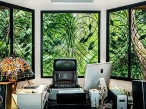 Home office with large windows showing lush tropical rainforest outside.