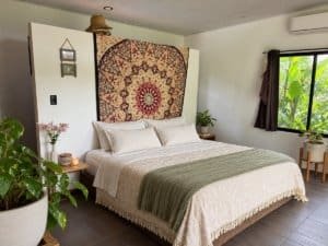 Comfortable bedroom with tropical decor and lush greenery outside window.