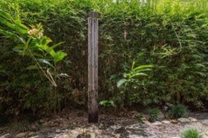 Dense tropical garden with wooden post and stone walkway in Dominical Costa Rica.