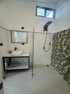 Modern walk-in bathroom with glass partition, tropical leaf-pattern wall, and vessel sink.