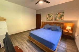 Cozy master bedroom with king bed, wooden nightstands, and blue bedding.