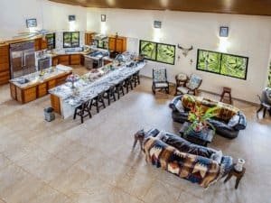 Open-concept living room with kitchen, tropical decor, and large windows.