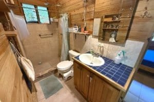 Rustic bathroom with wooden accents, shower, toilet, and sink in jungle setting.