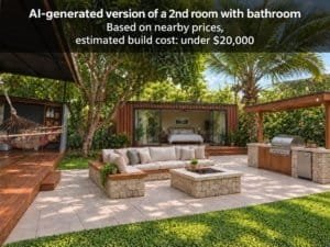 Outdoor lounge with sofa, fire pit, and BBQ in tropical garden setting.