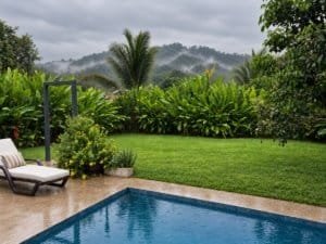 Lush tropical garden with pool and mountain view in Dominical, Costa Rica.