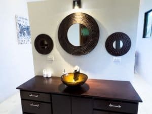 Contemporary bathroom with dark wood vanity, round mirrors, and decorative accents.