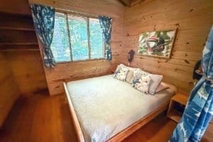 Interior of a rustic jungle hotel bedroom with wooden walls and a large window.