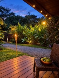 Evening view of tropical garden and outdoor patio with pool near the beach.
