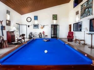 Pool table inside a cozy room with tropical decor and artwork.