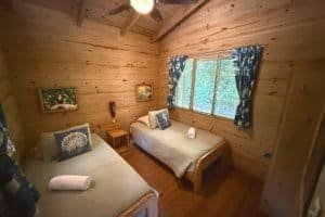 Interior of a rustic wooden bedroom with two beds, window, and nature view.
