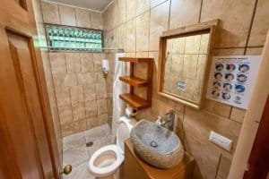 Small bathroom with stone sink, mirror, and shower in a jungle hotel setting.