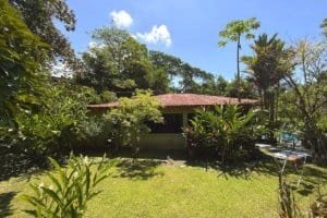 Beautiful jungle hotel with lush greenery and pool in Dominical, Costa Rica.