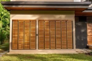 Dominical real estate: wooden shutters on a modern jungle villa exterior with greenery.