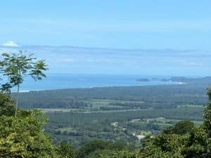 Beautiful ocean and sunset views from a lush green hillside in Dominical.