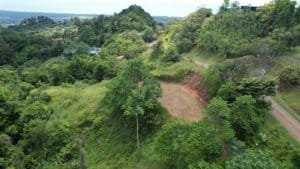 Lush green hillside with ocean view, road access, and utility-ready land in Dominical.