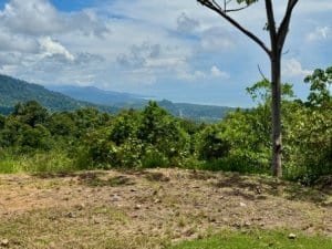 Scenic view of lush green landscape and distant ocean in Dominical, Costa Rica.