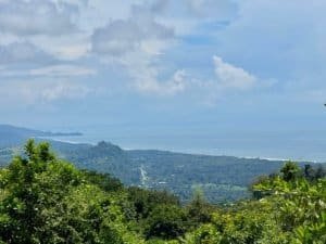 Scenic view of ocean, lush greenery, and coastline from Dominical property.