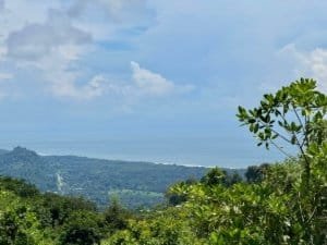 Scenic view of ocean and lush greenery in Dominical, Costa Rica.